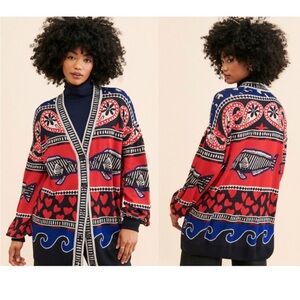 FARM Rio Mixed Prints Fair Isle Cardigan Sweater Fish Hearts Wave Red& Blue
